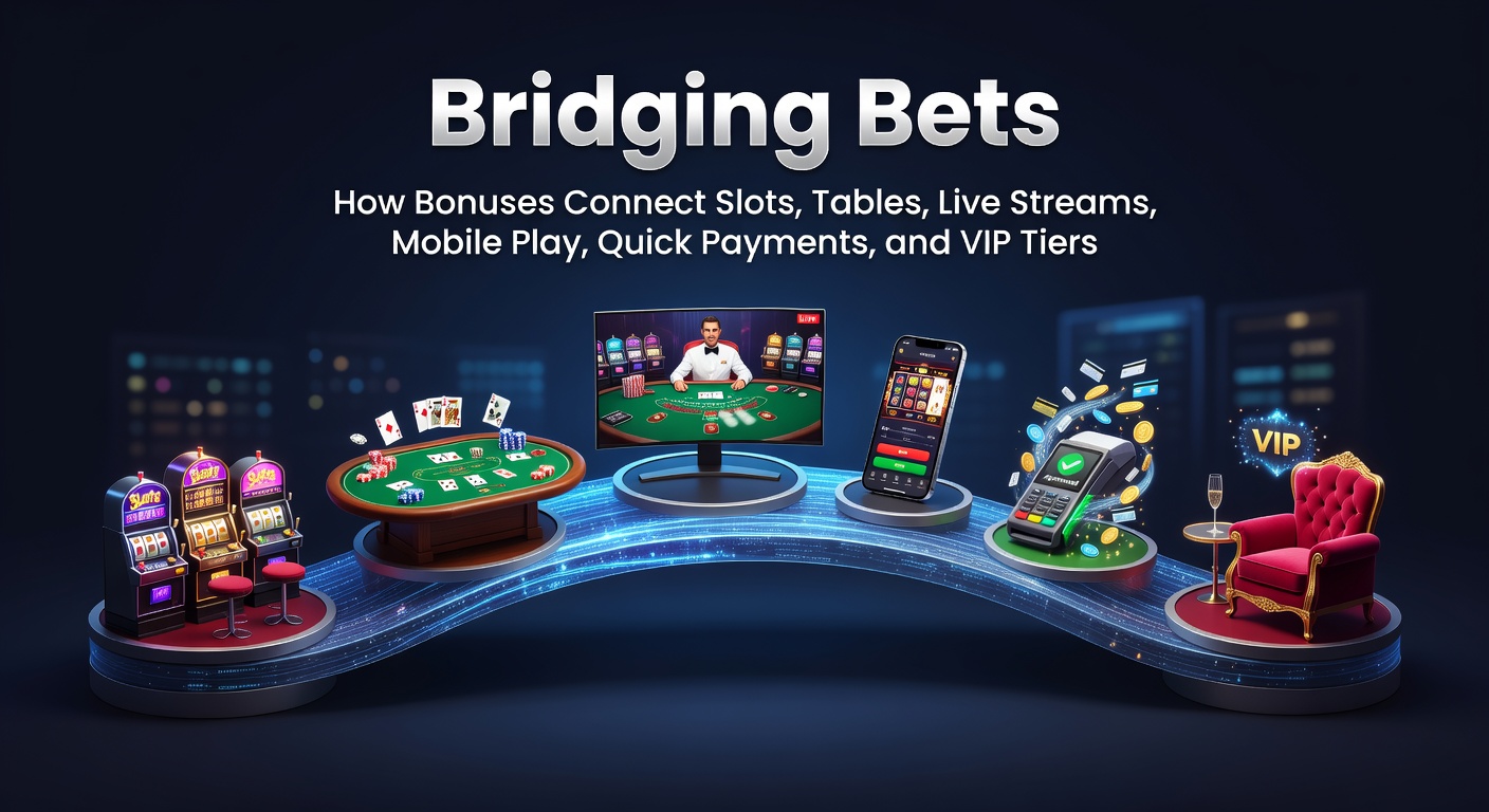 Grafik zeigt verbundene Casino-Elemente wie Slots, Tische und VIP-Symbole durch Bonus-Brücken