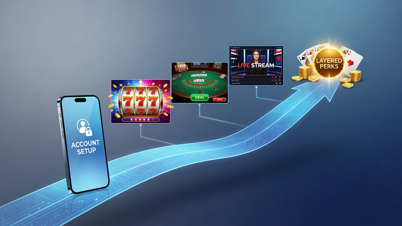 Mobilgerät zeigt Casino-Interface mit Einzahlungsoptionen und gestaffelten Bonusstufen für Slots und Live-Spiele