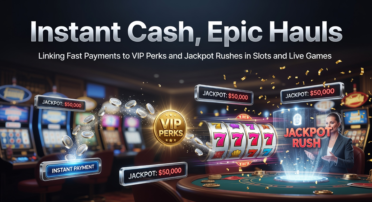 Bild von blitzschnellen Auszahlungen, die in ein VIP-Level mit glänzenden Jackpots übergehen, symbolisiert durch Münzen, die in eine Slot-Maschine regnen