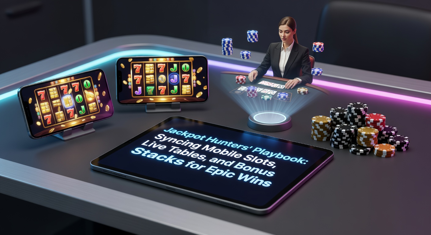 Ein dynamisches Bild von einem Spieler, der auf dem Smartphone Slots dreht, während ein Live-Tisch im Hintergrund läuft und Bonus-Symbole explodieren